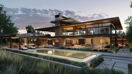 Obraz premium Luxurious of modern house and panoramic outdoor view. generative AI image