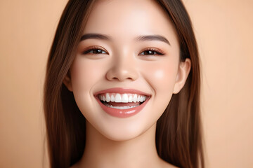 Fototapeta premium Beautiful smile of young asian woman with healthy white teeth on beige background, Dental care. Dentistry concept.