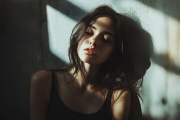Fototapeta premium Relaxed Hispanic woman leans against textured wall in dappled sunlight, eyes closed in contemplation and shadows on her face.