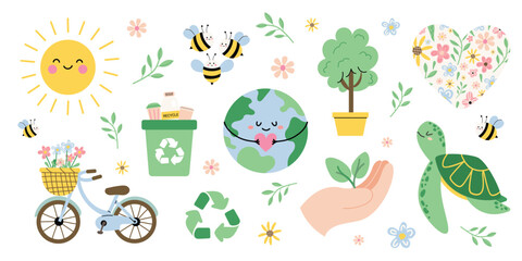Fototapeta premium Earth Day cute set with eco friendly elements. Happy planet with heart, smiling sun, bees, recycle bin, bicycle, turtle, plants and flowers. Ecology, environmental protection, flat vector illustration