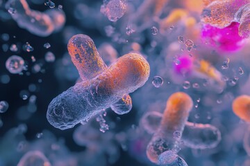Naklejka premium Microscopic View of Bacteria Cells Dividing and Multiplying Under Fluorescent Illumination