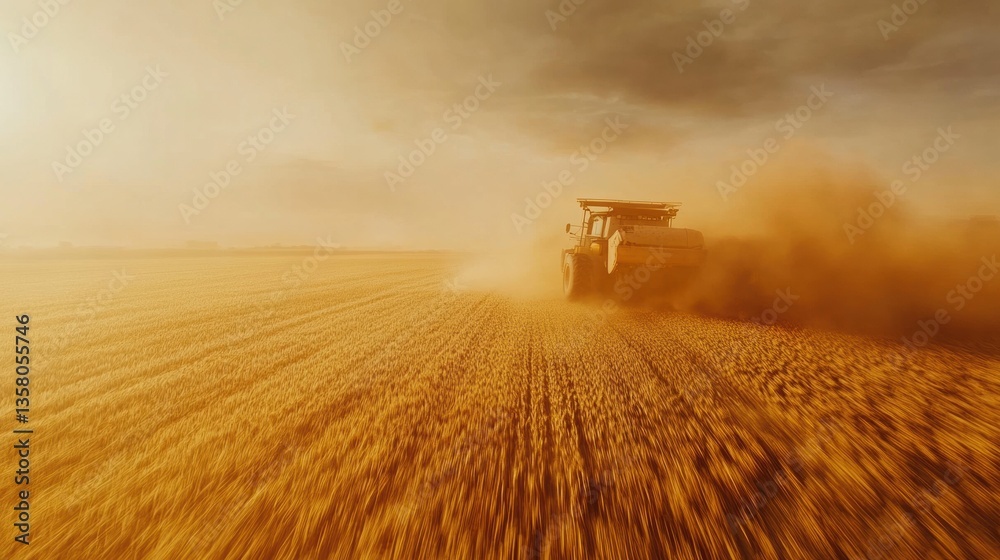 Aufkleber Powerful harvester working through golden wheat field at sunset with dynamic dust clouds rising Generative AI