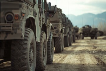 Military vehicles line up on a dirt road, convoy of rugged trucks, mountain backdrop, desert landscape, army transportation, heavy