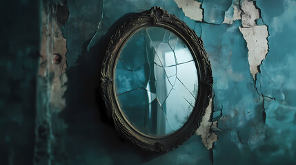 Ghostly presence reflected in cracked vintage mirror. Occult Mirror. Illustration