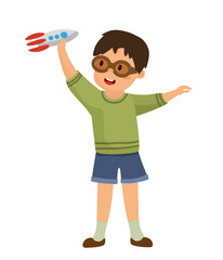 Vector illustration of a boy holding a toy rocket and pretending to fly it.