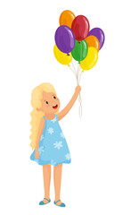 Vector illustration of a blonde girl in a blue dress, joyfully holding a bunch of vibrant and colorful balloons, perfect for a celebration or party.