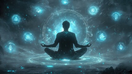 Fototapeta premium Person Meditating Within Glowing Celestial Symbols
