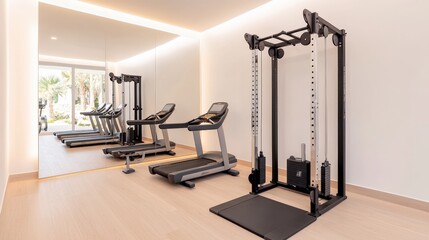 Luxury home minimalist and exclusive, A modern fitness room featuring exercise machines, including a cable machine and a treadmill, with mirrors and natural light for an inviting atmosphere.