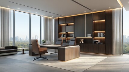 Modern Executive Office with City View and Large Wooden Desk