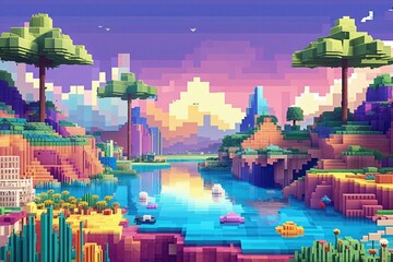 Whimsical Summer Landscape Background in Vibrant Pixel Art Colors