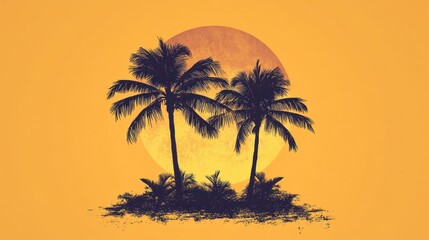 Silhouetted palm trees at sunset, tropical island, full moon.  Possible use greeting card, poster, wallpaper
