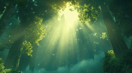Obraz premium Sunbeams Illuminate a Lush Green Forest Canopy