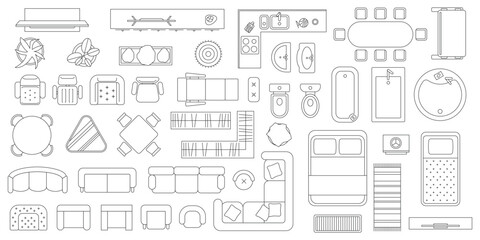 Furniture outline top view. Floor plan icons set for design interior and architectural project. Furniture thin line icon in top view for layout. © senja
