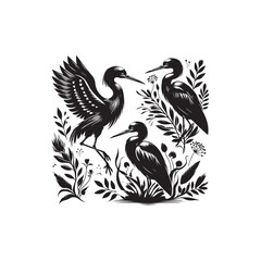 Fototapeta premium Black Color Egret Silhouette Vector Illustration, Solid White Background