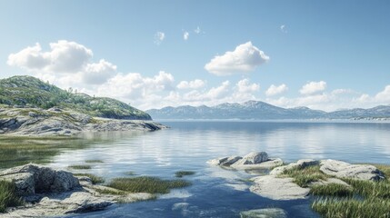 Fototapeta premium Serene coastal landscape with rocky shore and distant mountains