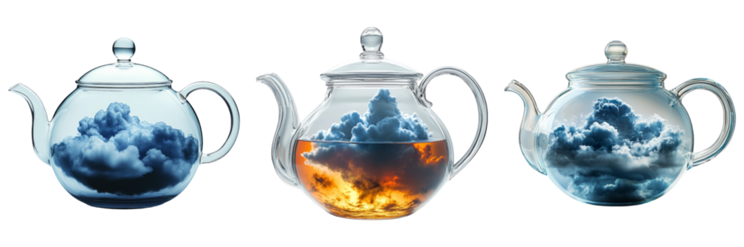 Artistic Tearepots with Clouds on Transparent Background
