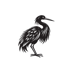 Black Color Egret Silhouette Vector Illustration, Solid White Background