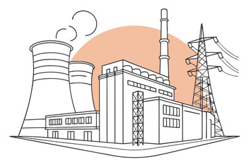 Industrial Power Plants in Line Art Style
