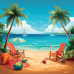 Obraz premium vacation by the sea, summer vacation by the sea, summer vacation, landscape for design, vector landscape of the sea and beach, beach vacation