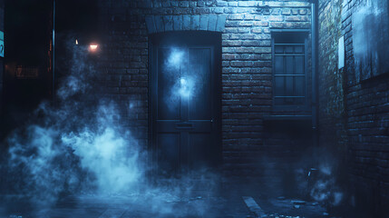 A hyperrealistic image of a mysterious door in an alleyway with smoke wafting from its edges and a dark urban background. Cinder Edge. Illustration