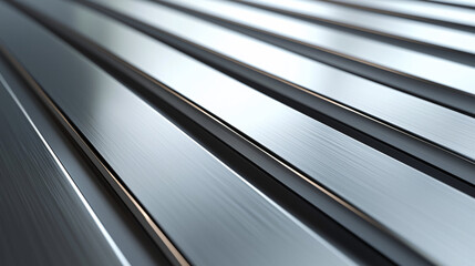 grooved metal surface with parallel ridges and reflective highlights, close-up industrial texture in perspective view for technology, design or modern architectural material use