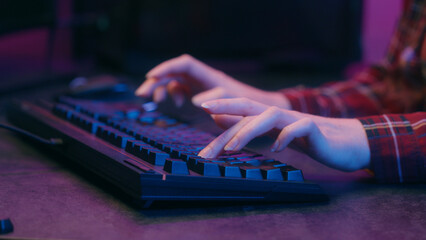 Unrecognizable girl woman hands gamer programmer hacker coding data web antivirus typing keyboard online work study female student businesswoman tech support IT worker crypto trade night gaming addict