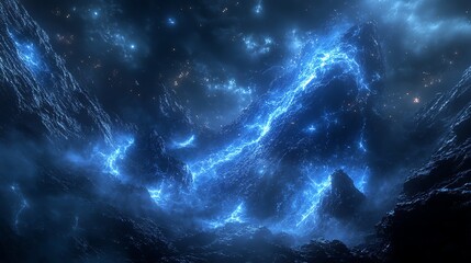 Fototapeta premium Electric Blue Mountains Fantasy Landscape with Night Sky and Stars