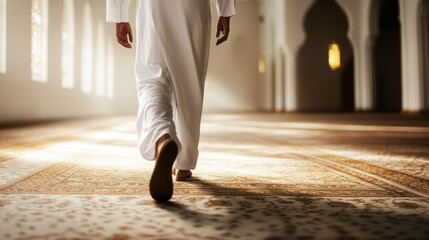 Man Walking in Traditional Attire Inside a Beautiful Mosque