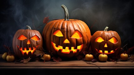 Pumpkin head jack lantern with light candle halloween on dramatic background