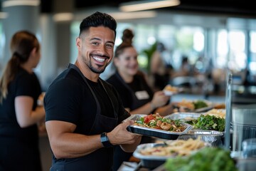 A cheerful man with a broad smile serves a colorful plate of food in a lively restaurant setting, showcasing the joy of sharing delicious meals with others.