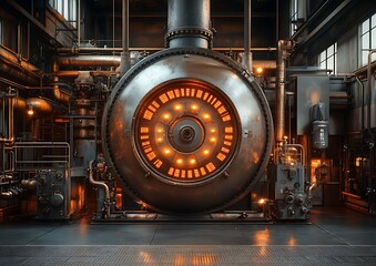 A large metallic machine with bright orange illuminated components