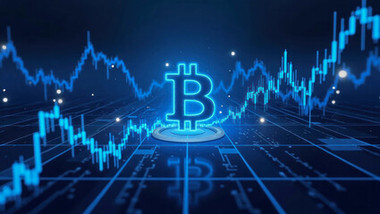 Naklejka premium Bitcoin technology visualization with graph trends in digital space