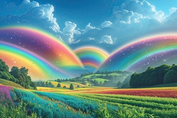 Obraz premium Captivating Rainbow Scenery with Lush Green Fields and Clear Blue Sky