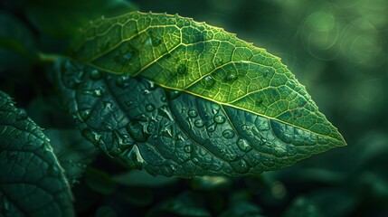 Close-up of green leaves with raindrops against a blurred background  