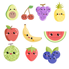 Hand drawn set of fruits with faces vector elements avocado cherry grapes pineapple watermelon melon strawberry blueberry banana