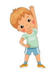 Detailed vector illustration of a boy in sportswear performing morning exercises, stretching and staying active. The scene emphasizes healthy lifestyle and fitness.