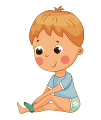 Charming vector illustration of a young boy sitting on the floor, carefully putting on his socks. The scene captures a moment of everyday activity and focus.