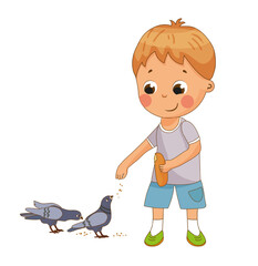 Detailed vector illustration of a boy feeding pigeons in a park setting. The scene captures a moment of kindness and interaction with nature.