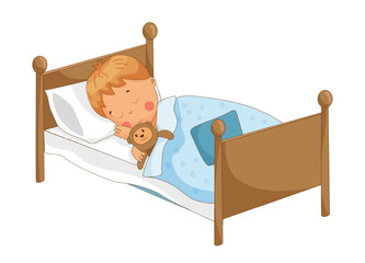 Peaceful vector illustration of a boy sleeping soundly in a bed with a teddy bear. The scene conveys a moment of rest and comfort.