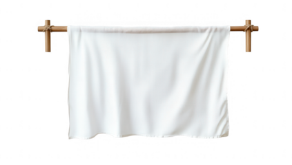 a simple white fabric is draped over a wooden rod creating a minimalistic backdrop that can be used for displays photography or interior decoration