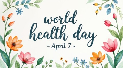 "World Health Day, April 7" in soft, friendly calligraphy surrounded by calming nature elements like flowers and leaves