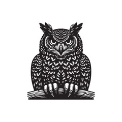 Black Color Great Horned Owl Silhouette Vector Illustration, Solid White Background