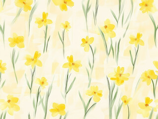 delightful pattern of yellow flowers and green leaves on soft pastel background creates cheerful and serene atmosphere, perfect for spring themed designs