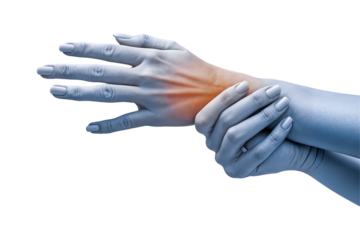 acute pain in a woman palm female holding hand to spot of palm-ache concept photo with color enhanced blue skin with read spot indicating location of the pain isolation on a png transparent background