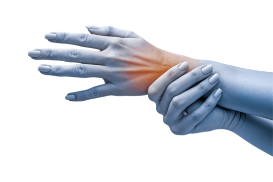 acute pain in a woman palm female holding hand to spot of palm-ache concept photo with color enhanced blue skin with read spot indicating location of the pain isolation on a png transparent background