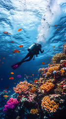 Serene Underwater Expedition: Scuba Diver's Encounter with Vibrant Marine Life