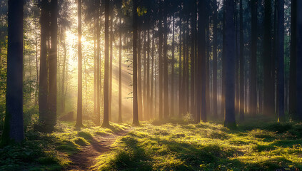 Obraz premium Silent Forest in spring with beautiful bright sun rays