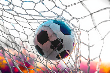Soccer ball scores a goal on the net in a football match