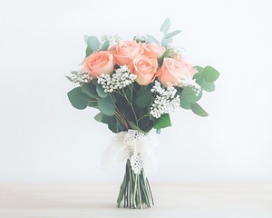 Fototapeta premium Peach Rose Bridal Bouquet for Wooden Table.