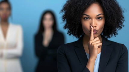 Workplace Harassment Bullying in Office Businesswoman gesturing for silence, dramatic pose.